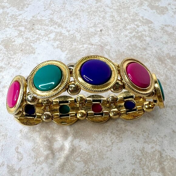 Gold Tone Stretch Bracelet Multi-Color Cabochons - Picture 3 of 3